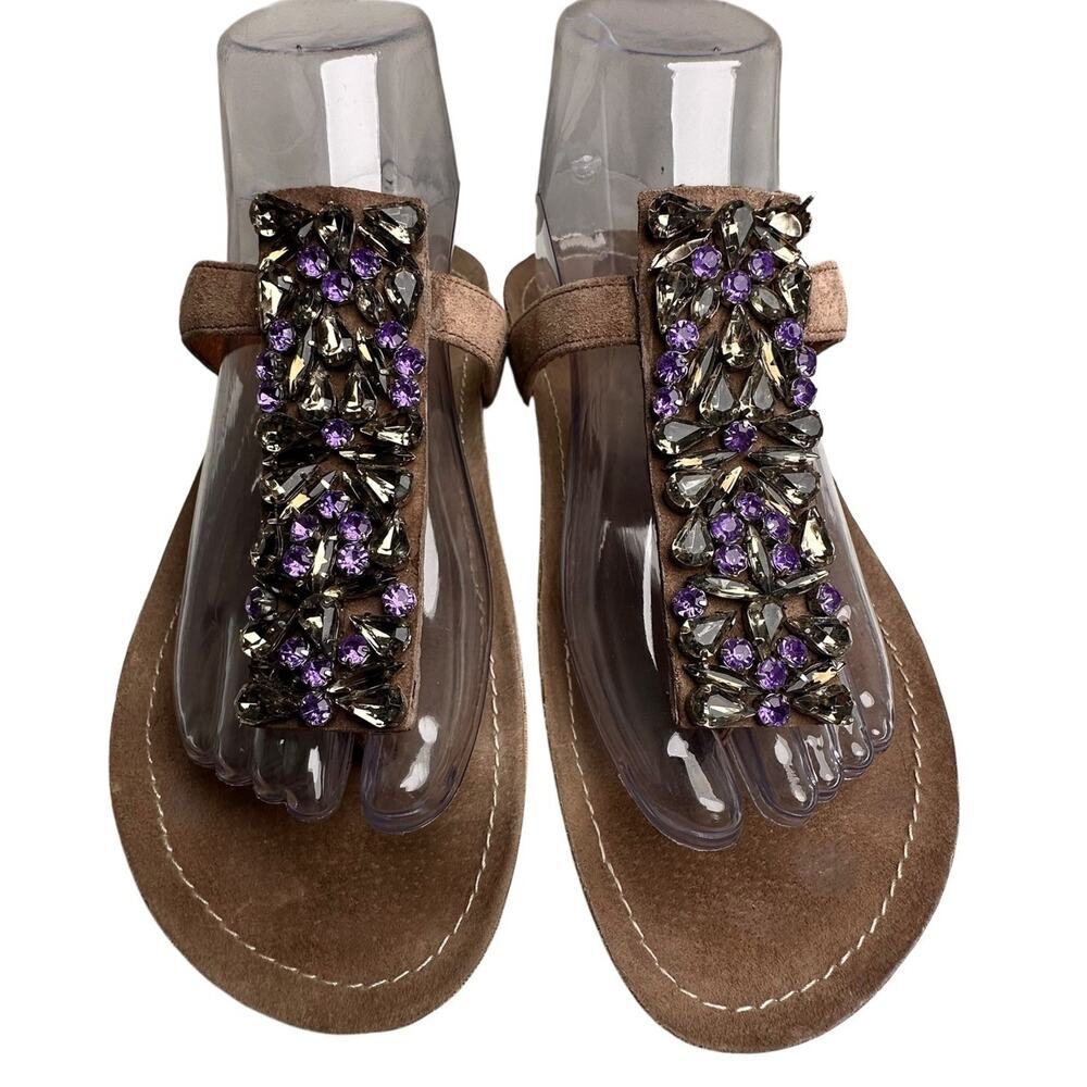 Apepazza Tan Suede Thong Flat Boho Sandals Purple Gemstones Bling Sz‎ 8 Beach